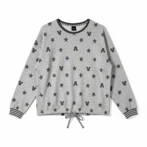 Disney Mickey Mouse Star Print Pullover Sweatshirt Drawstring Hem Gray Large